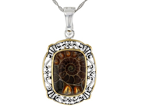 20x14mm Ammonite Shell Rhodium & 18k Yellow Gold Over Silver Two-Tone Enhancer With Chain