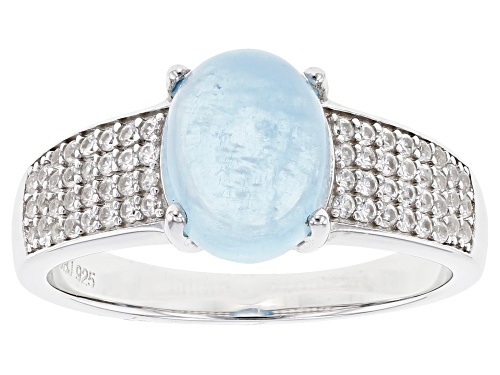 9x7 Oval Cabochon Dreamy Aquamarine With 0.42ctw Zircon Rhodium Over Sterling Silver Ring - Size 6