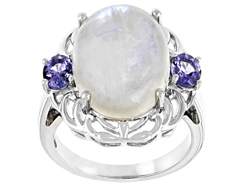 Photo of 16x12mm Oval Rainbow Moonstone With 0.68ctw Oval Tanzanite Rhodium Over Sterling Silver Ring - Size 7