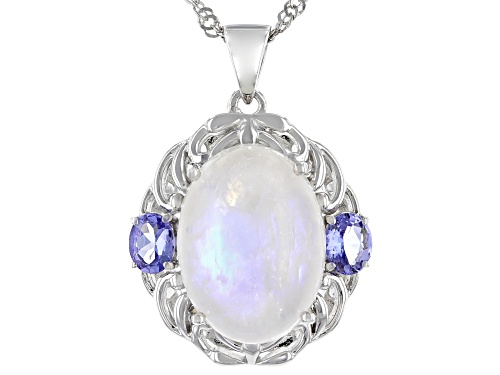 Photo of 16x12mm Oval Rainbow Moonstone With 0.68ctw Oval Tanzanite Rhodium Over Silver Pendant With Chain