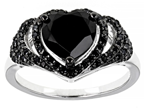 Photo of 2.55ct Heart shape And 0.39ctw Round Black Spinel Rhodium Over Sterling Silver Heart Ring - Size 7