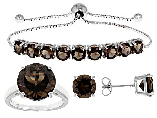 Photo of 13.42ctw Round Smoky Quartz Rhodium Over Sterling Silver Ring, Earring And Bolo Bracelet Set
