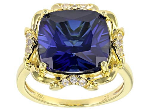 Photo of 8.50ct Square Cushion Lab Blue Sapphire With 0.14ctw White Topaz 18K Yellow Gold Over Silver Ring - Size 8
