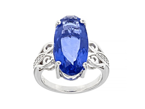 Photo of 8.42ctw Blue Color Change Fluorite and 0.07ctw Lab White Sapphire Rhodium Over Sterling Silver Ring - Size 10