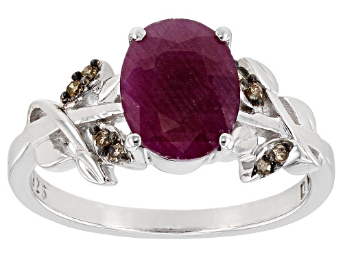 Photo of 2.32ct Oval Indian Ruby With 0.05ctw Champagne Diamond Accent Rhodium Over Sterling Silver Ring - Size 8