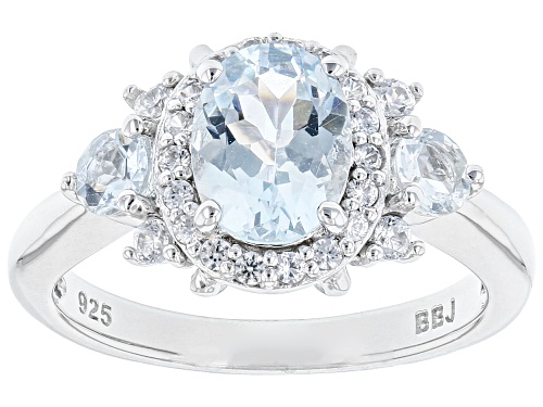 Photo of 1.11ctw Oval & Round Aquamarine With 0.26ctw White Zircon Rhodium Over Sterling Silver Ring - Size 8