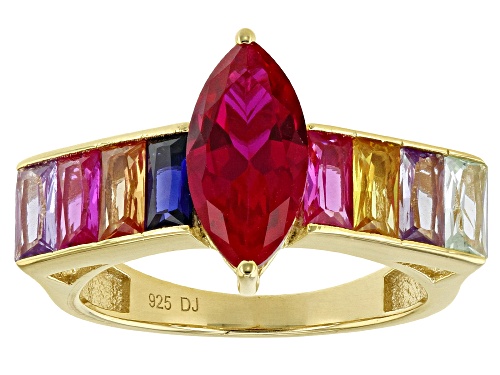 Photo of 2.06ct Lab Created Ruby With 2.28ctw Lab Created Multi-Sapphire 18K Yellow Gold Over Silver Ring - Size 8