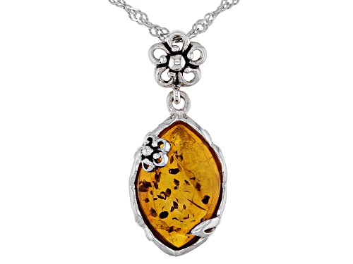 15x10mm Marquise Cabochon Amber Rhodium Over Sterling Silver Pendant With Chain