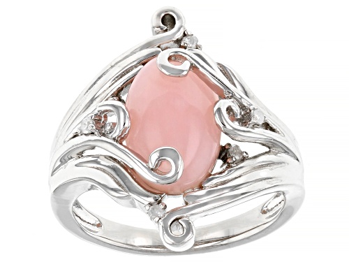 12x8mm Oval Cabochon Pink Opal And 0.05ctw White Diamond Accent Rhodium Over Silver Ring - Size 7