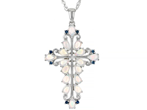 1.77ctw Pear Ethiopian Opal & 0.10ctw Blue Diamond Rhodium Over Silver Cross Pendant/Chain