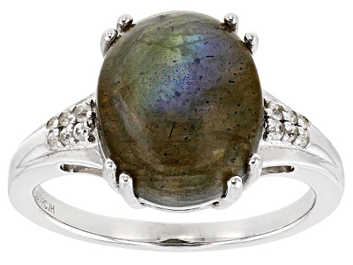 Photo of 12x10mm Oval Labradorite With 0.08ctw Round White Zircon Rhodium Over Sterling Silver Ring - Size 8