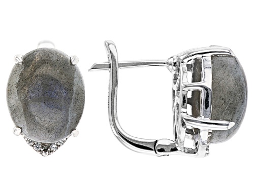 Photo of 11x9mm Oval Labradorite With 0.03ctw Round Zircon Rhodium Over Sterling Silver Earrings
