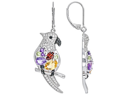 4.54ctw Mixed Shaped Multi-Gem Rhodium Over Sterling Silver Parrot Earrings