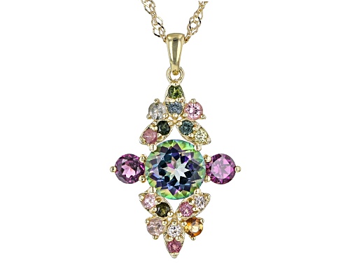 3.28ctw Mystic Fire® Topaz And Multi-Gem 18k Yellow Gold Over Sterling Silver Pendant With Chain