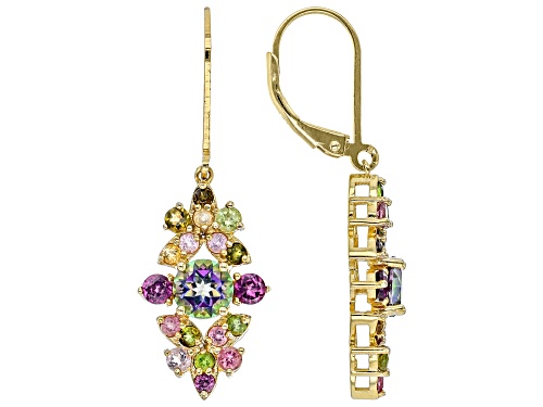 1.68ctw Mystic Fire® Topaz With 1.89ctw Rhodolite & Tourmaline 18k Yellow Gold Over Silver Earrings