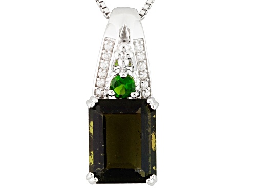 2.13ct Moldavite, 1.00ct Russian Chrome Diopside And .04ctw White Zircon Silver Pendant With Chain