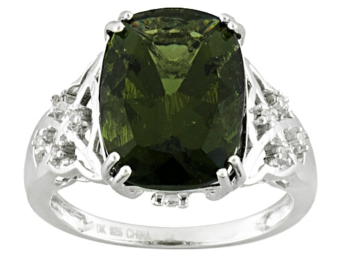4.04ct Rectangular Cushion Moldavite And .09ctw Round White Zircon Rhodium Over Sterling Silver Ring - Size 9