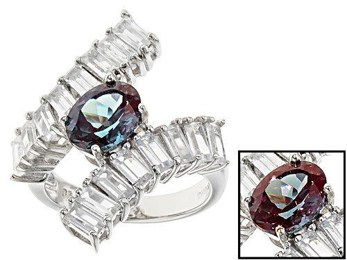 1.49ct Oval Lab Created Color Change Alexandrite With 2.03ctw Baguette White Zircon Silver Ring - Size 7