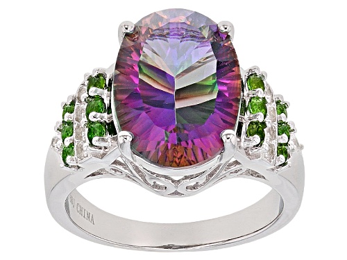 4.70ct Multi Color Quartz And .33ctw Russian Chrome Diopsdie With .17ctw White Zircon Silver Ring - Size 7