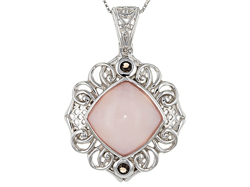 14mm Square Cushion Peruvian Pink Opal With .19ctw Round Smoky Quartz Silver Pendant With Chain