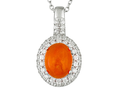 .85ct Oval Orange Ethiopian Opal With 1.08ctw Round White Zircon Sterling Silver Pendant With Chain