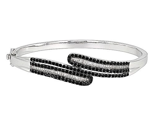 2.16ctw Round Black Spinel With 1.19ctw Baguette White Zircon Sterling Silver Bypass Bangle Bracelet - Size 8