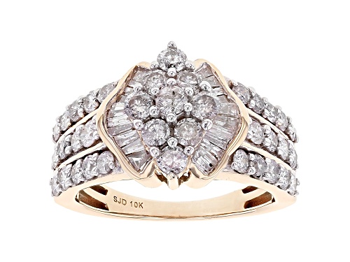 1.90ctw Round And Baguette White Diamond 10k Yellow Gold Cluster Ring - Size 8