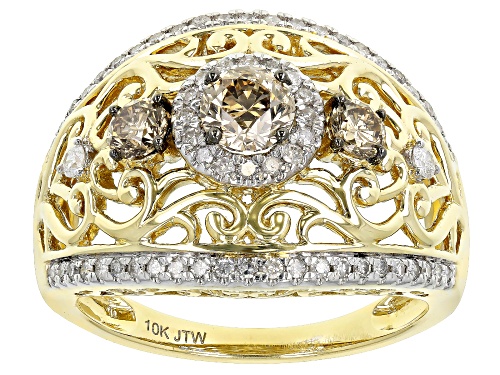 1.25ctw Round Champagne And White Diamond 10k Yellow Gold 3-Stone Cocktail Ring - Size 7
