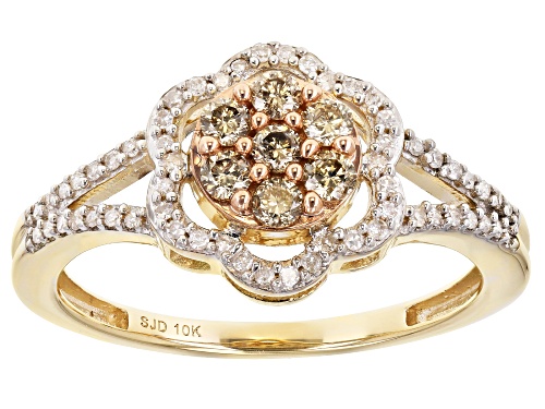 Photo of 0.45ctw Round Champagne And White Diamond 10k Yellow Gold Cluster Flower Ring - Size 8