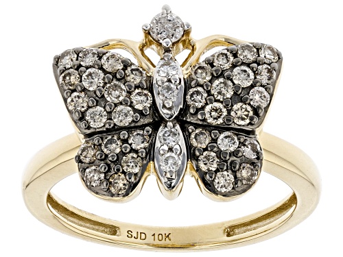 Photo of 0.40ctw Round Champagne And White Diamond 10k Yellow Gold Butterfly Ring - Size 7.5