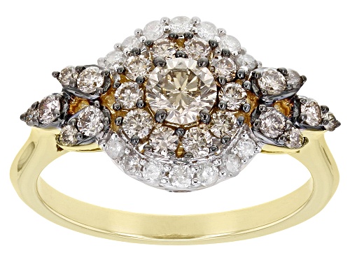 1.00ctw Round Champagne And White Diamond 10K Yellow Gold Cluster Ring - Size 8