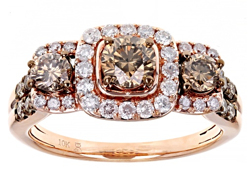 Photo of 1.50ctw Round Champagne And White Diamond 10k Rose Gold 3-Stone Halo Ring - Size 4.5