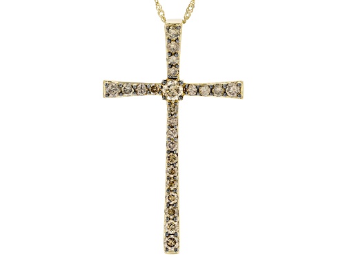 Photo of 1.00ctw Round Champagne Diamond 10K Yellow Gold Cross Pendant With 18 Inch Singapore Chain