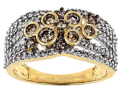 1.00ctw Round Champagne And White Diamond 10K Yellow Gold Wide Band Ring - Size 8