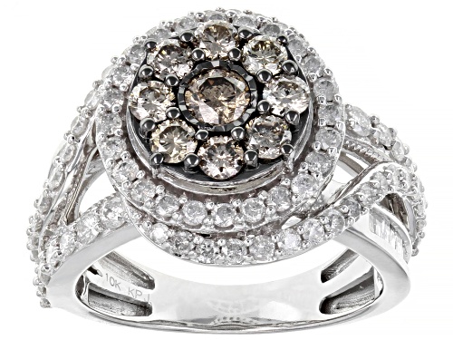 Photo of 2.00ctw Round And Baguette Champagne And White Diamond 10K White Gold Cluster Ring - Size 7
