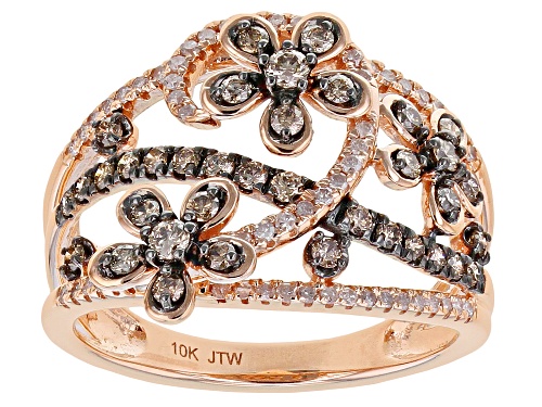 Photo of 0.75ctw Round Champagne And White Diamond 10k Rose Gold Floral Open Design Ring - Size 5