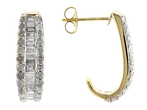 1.00ctw Round And Baguette White Diamond 10K Yellow Gold J-Hoop Earrings