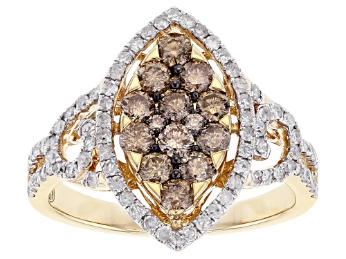1.45ctw Round Champagne And White Diamond 10K Yellow Gold Cluster Ring - Size 8