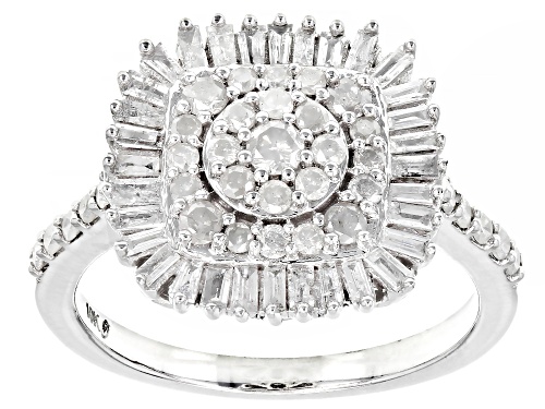 1.00ctw Round And Baguette White Diamond 10k White Gold Cluster Ring - Size 6