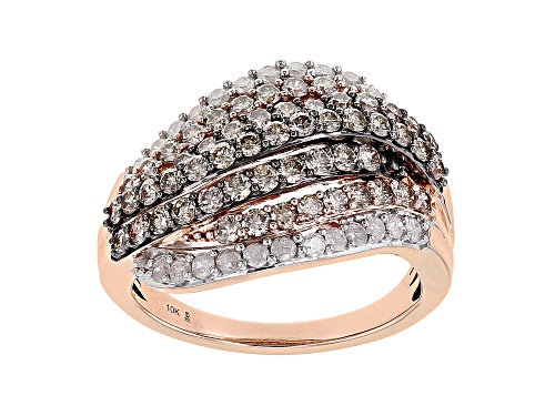 1.40ctw Round Champagne And White Diamond 10k Rose Gold Multi-Row Ring - Size 6