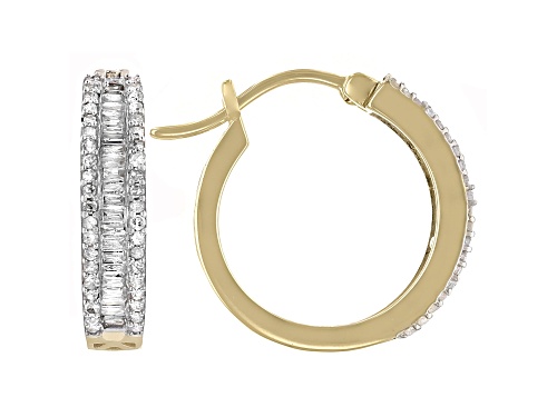Photo of 0.55ctw Round And Baguette White Diamond 10k Yellow Gold Hoop Earrings