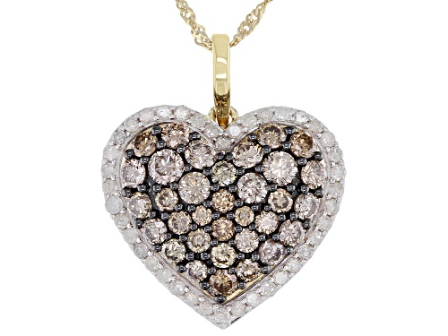Photo of 1.50ctw Round Champagne And White Diamond 10k Yellow Gold Cluster Heart Pendant With Chain