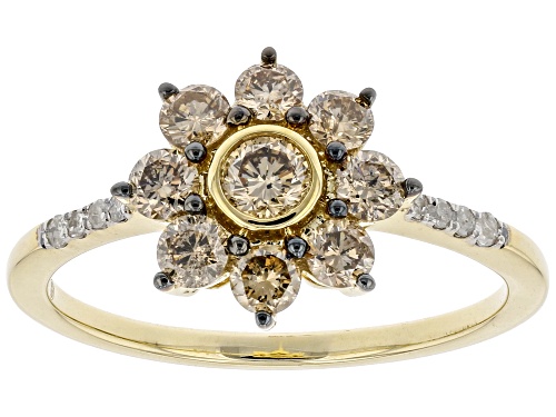 Photo of 0.75ctw Round Champagne And White Diamond 10k Yellow Gold Cluster Floral Ring - Size 8