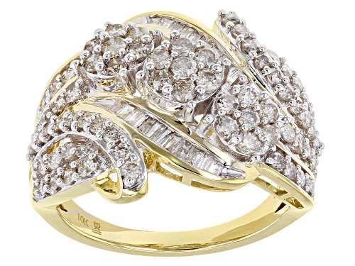 Photo of 1.50ctw Round And Baguette White Diamond 10k Yellow Gold Bypass Cluster Ring - Size 6