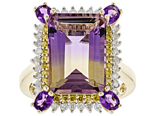 Photo of 6.88ct Octagonal Ametrine, 0.51ctw Oval African Amethyst And 0.48ctw Diamond 10K Yellow Gold Ring - Size 5.5