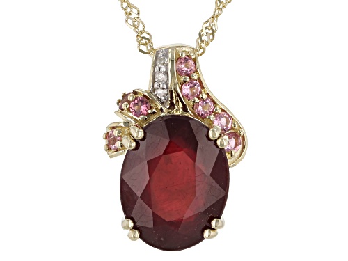 3.19ct Mahaleo® Ruby, 0.10ctw Pink Tourmaline, 0.01ctw Diamond 10K Yellow Gold Pendant With Chain