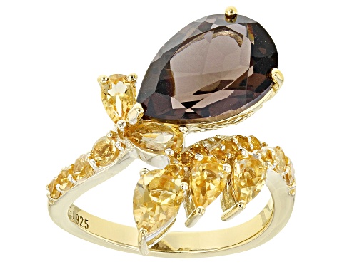 3.37CT PEAR SHAPE SMOKY QUARTZ WITH 1.30CTW MIXED SHAPES CITRINE 18K YELLOW GOLD OVER SILVER RING - Size 7