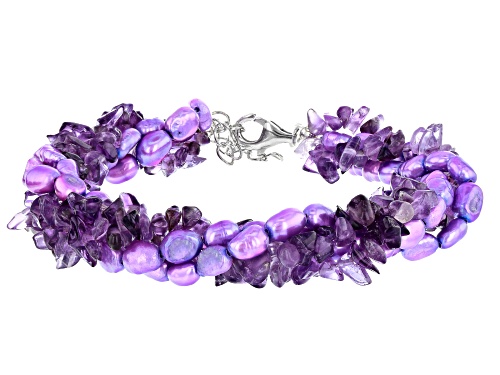 Free-Form Amethyst Chips & Purple Cultured Freshwater Pearl Silver 4-Strand Torsade Bracelet