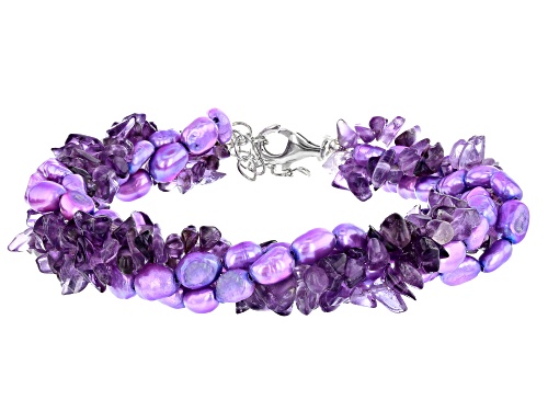 Free-Form Amethyst Chips & Purple Cultured Freshwater Pearl Silver 4-Strand Torsade Bracelet