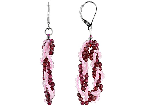 2-3mm Rose Quartz and Raspberry Color Rhodolite Braided Bead Strands Sterling Silver Dangle Earrings